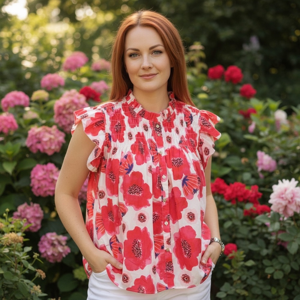 BiBi Floral Print Button Down Loose Fit Flutter Short Sleeve Top